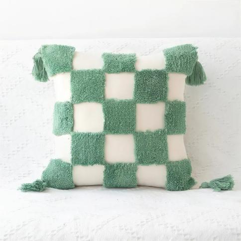 Roomtery Sage Green Checkerboard Tufted Cushion