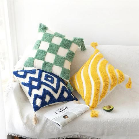 Roomtery Sage Green Checkerboard Tufted Cushion